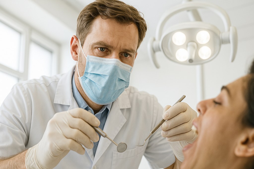 A dentist attending to a patient.