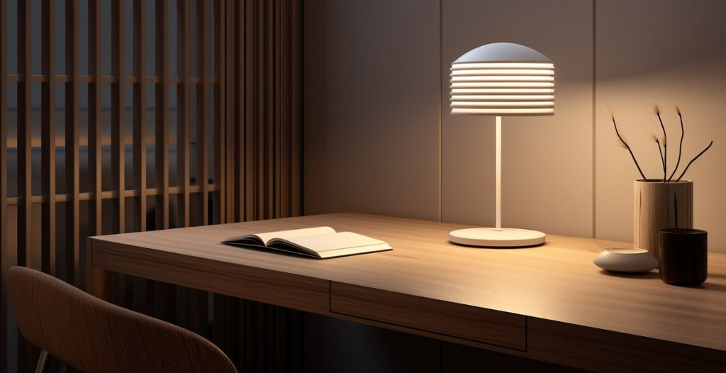 A desk with a lamp on it.