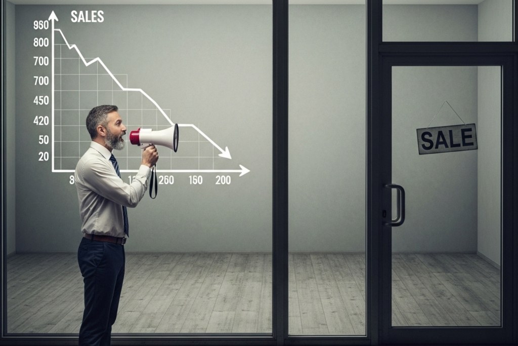 A disheartened owner uses a tiny megaphone to attract customers to an empty store.