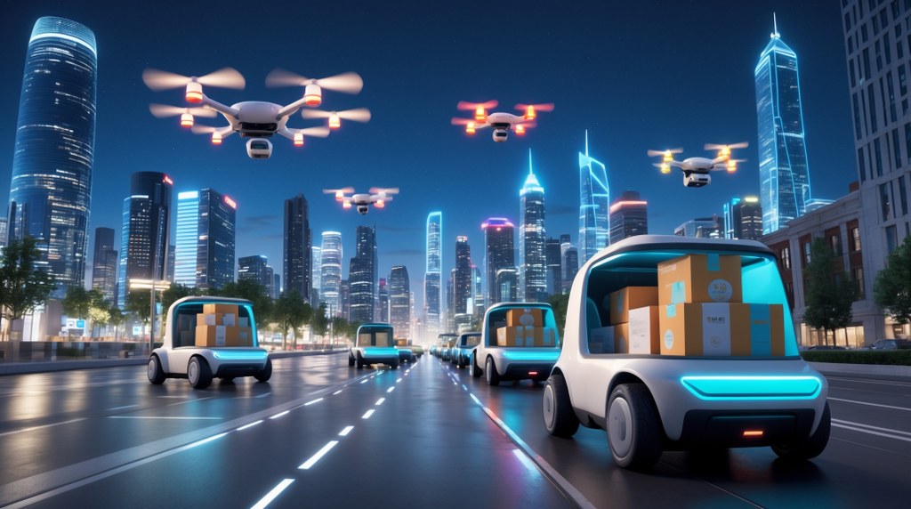 A futuristic city skyline with drones and delivery robots transporting packages.