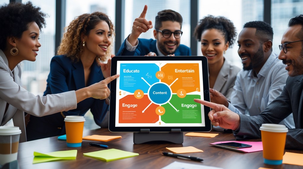 A group of professionals around a laptop planning their company's content repurposing strategy.