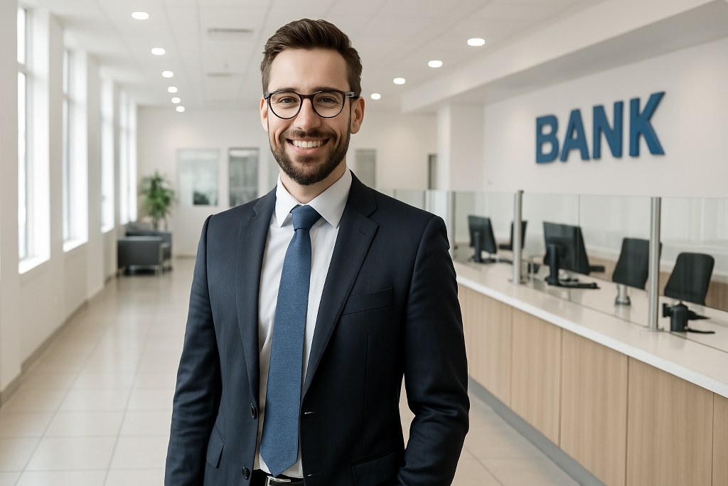 A happy businessman in a bank.
