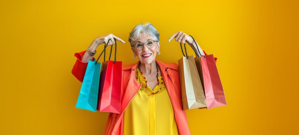 A happy elderly woman carrying shopping bags.