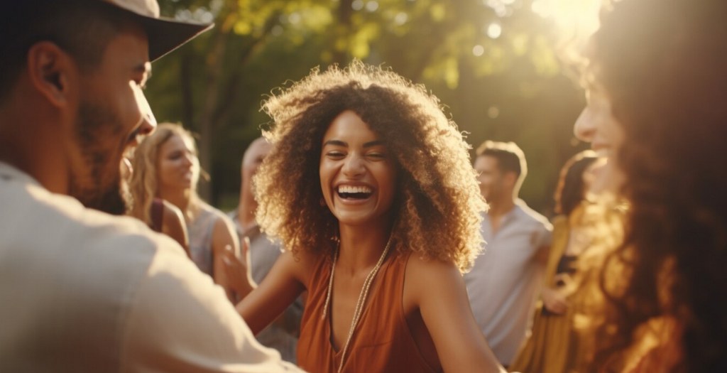 A happy woman dancing outdoors with friends.