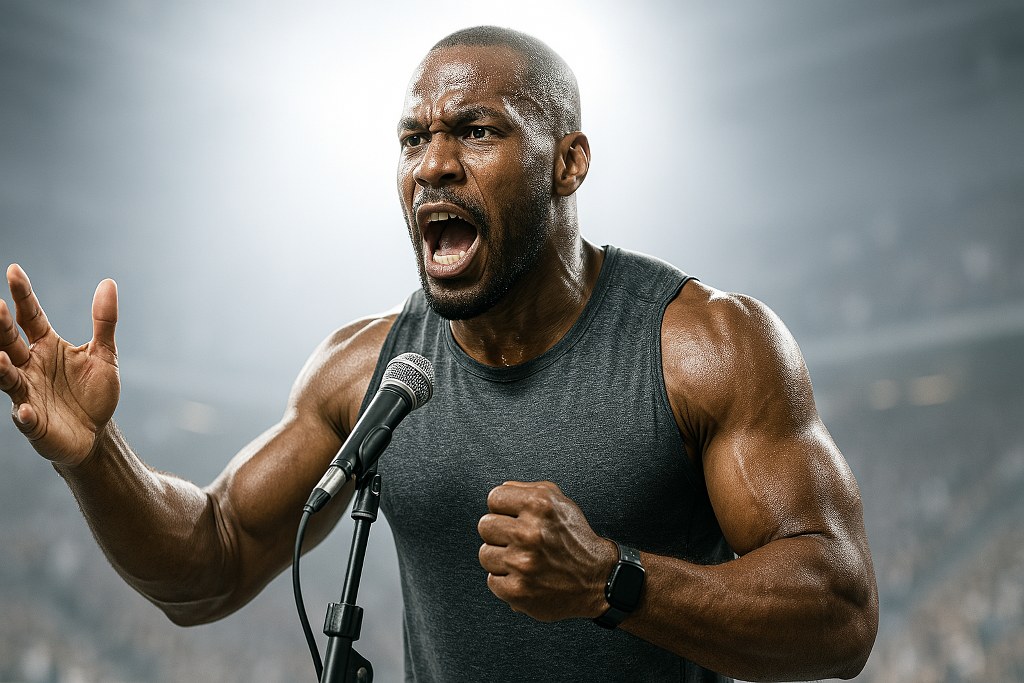 A heavyweight athlete giving a speech after a competition.