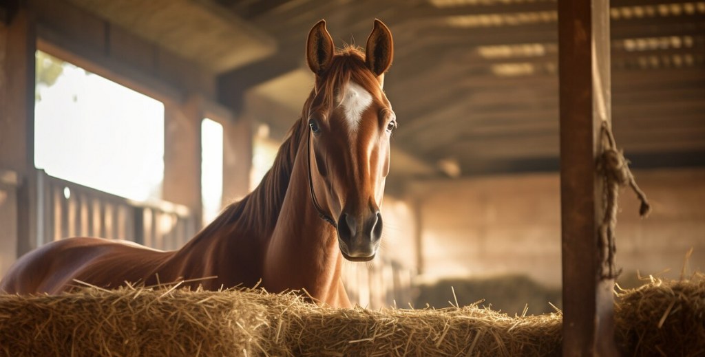A horse feeding in a barn.