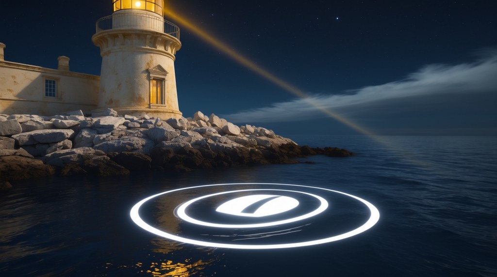 A lighthouse casting a beam over dark water, spotlighting a floating brand logo