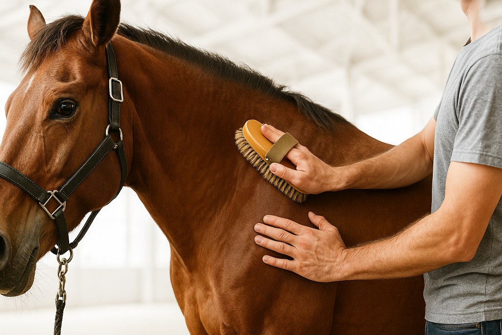 A man brushing a horse.
