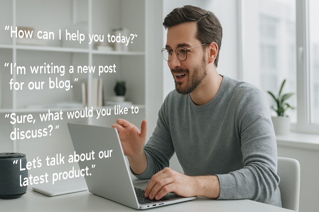 A man having a conversation with a voice assistant.