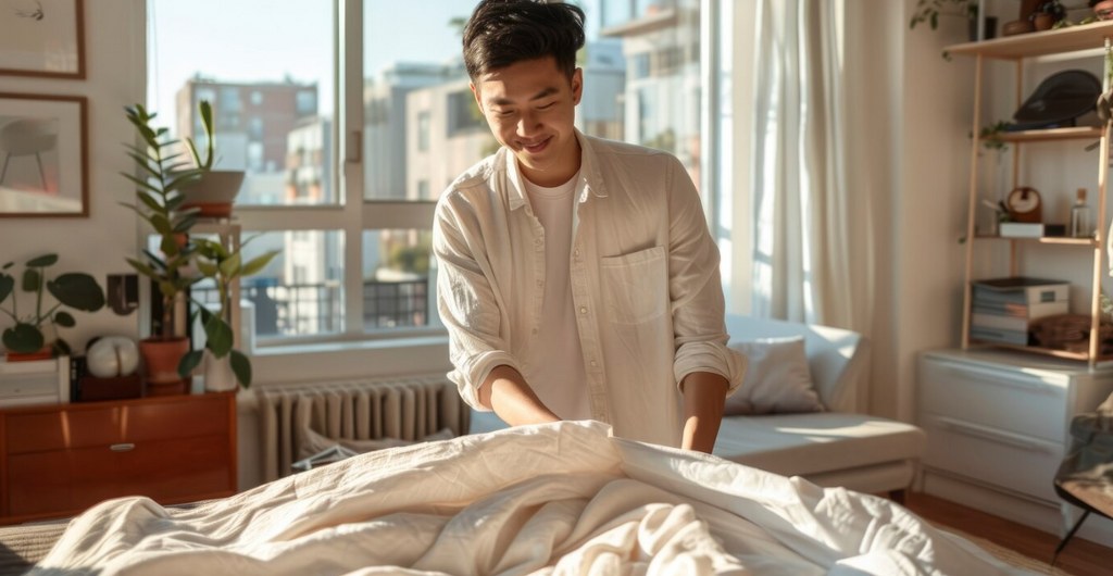 A man making his bed after waking up.