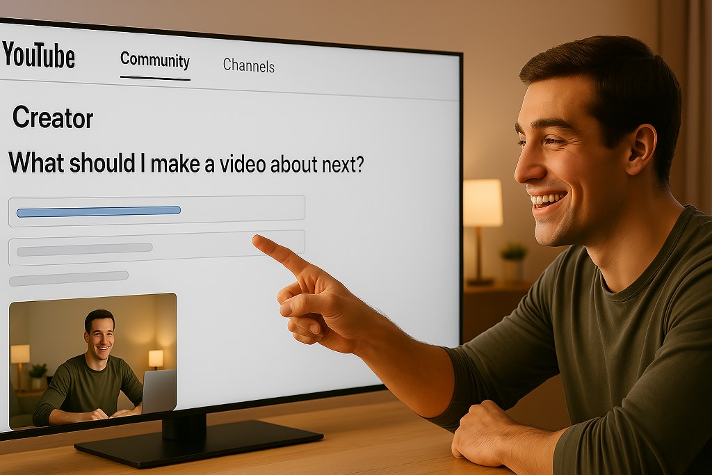 A man pointing at his YouTube channel profile.