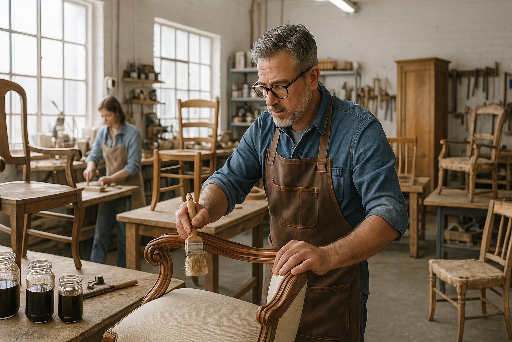 A man refurbishing wooden chairs.