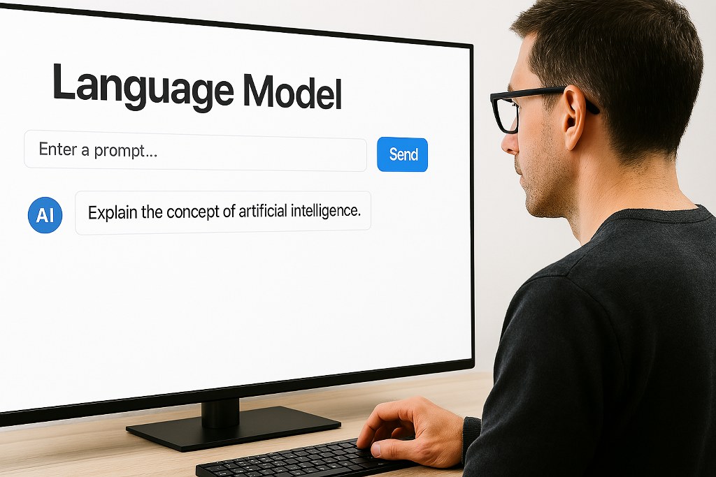 A man typing a prompt into an LLM.