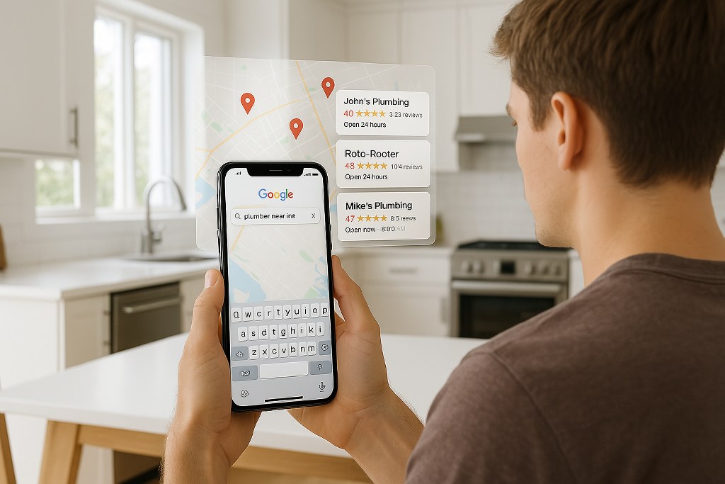 A man using Google to search for a plumber that is close to where he lives.