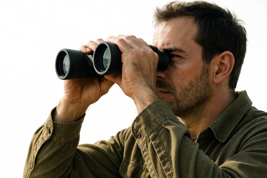 A man using a pair of binoculars.