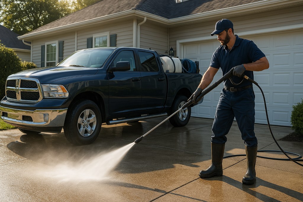 A man using a pressure washer.