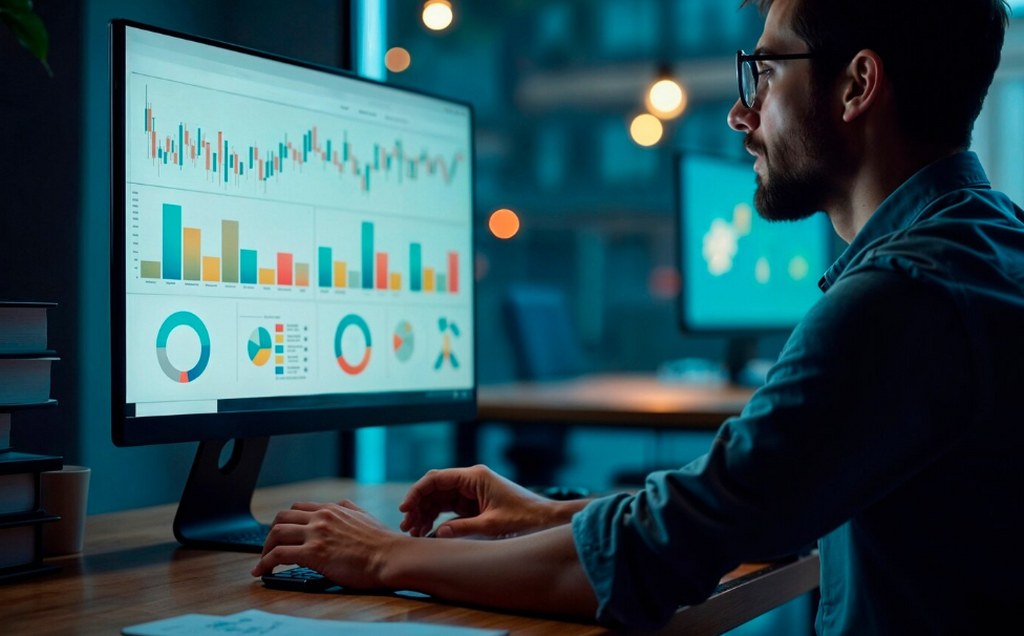 A man viewing a business analytics visualization.