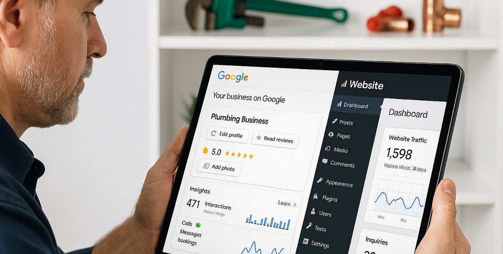 A man viewing a plumbing business website.