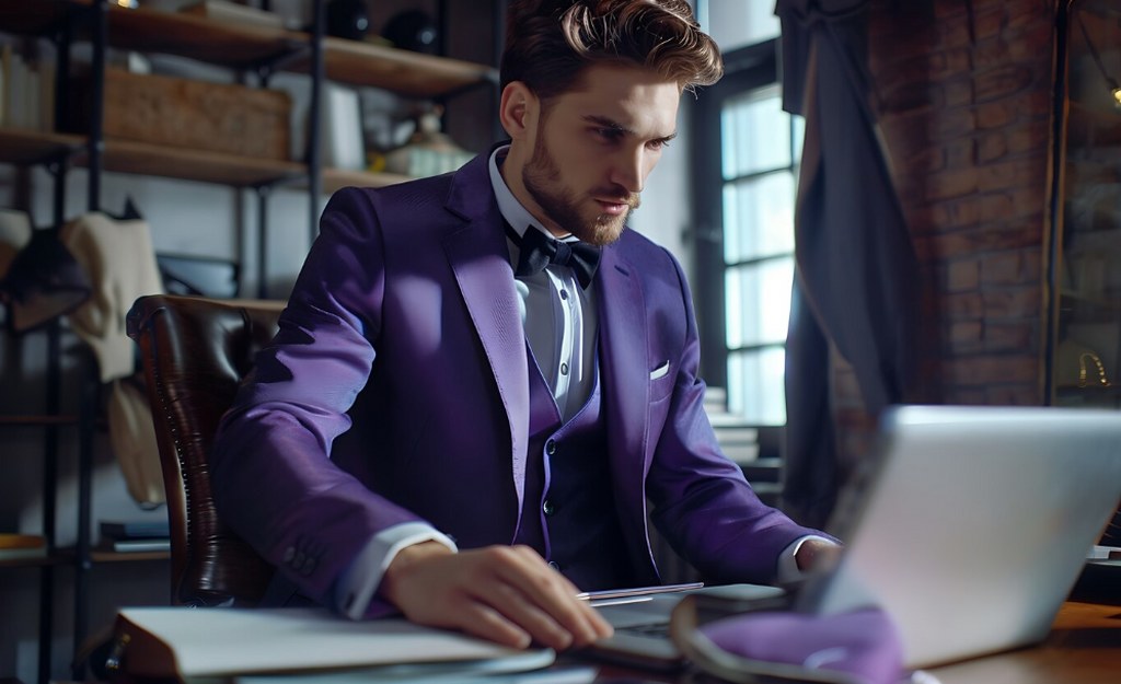 A man wirth a purple suit using a laptop.