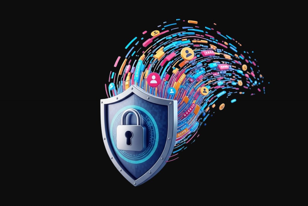 A metallic shield with a digital padlock emblem securely protects user data.