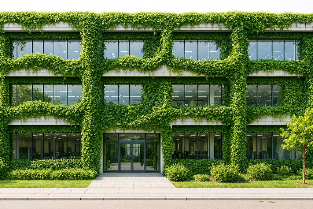 A modern buidling with climbing plants around it.
