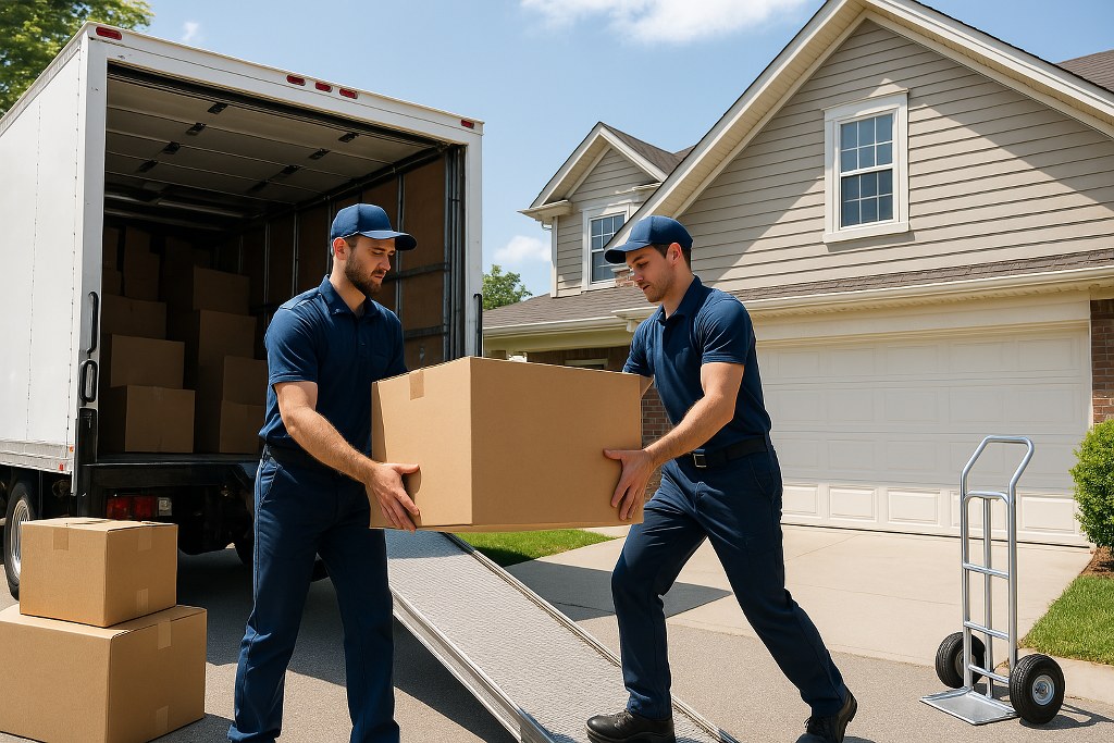 A moving company putting packaging in a truck.
