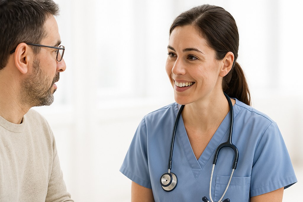 A nurse talking to a patient.