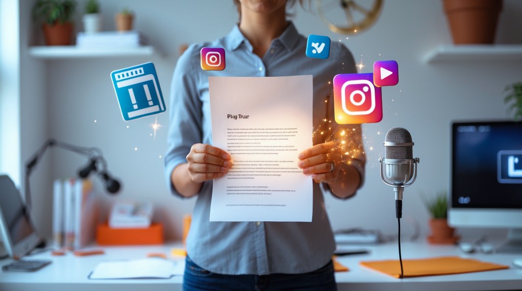 A person holding a printed blog post with icons from social media surrounding it