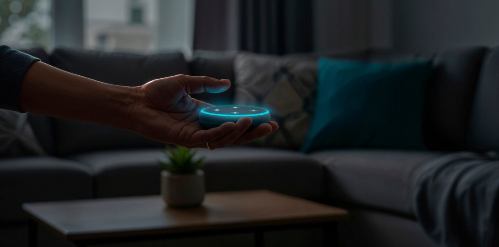 A person holding a small voice assistant.