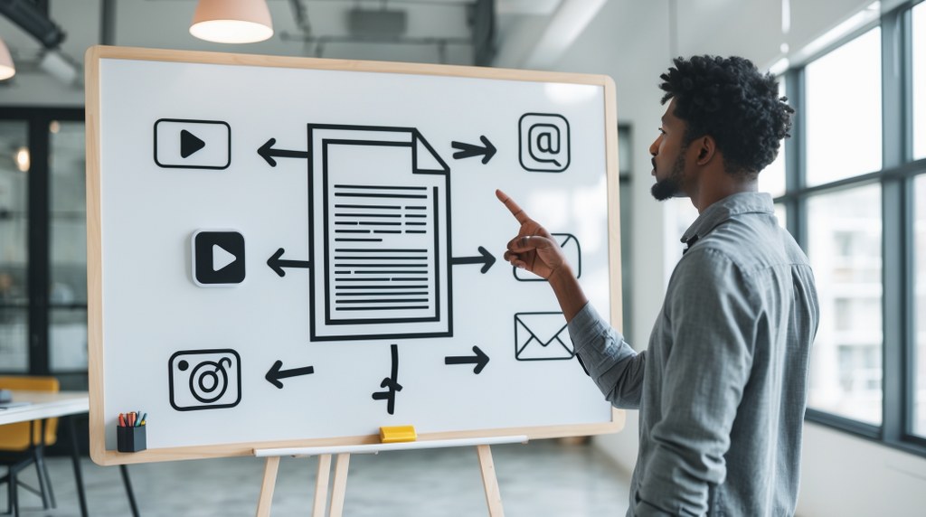 A person looking at a whiteboard that has a blog post in the center with arrows pointing to different content types. 