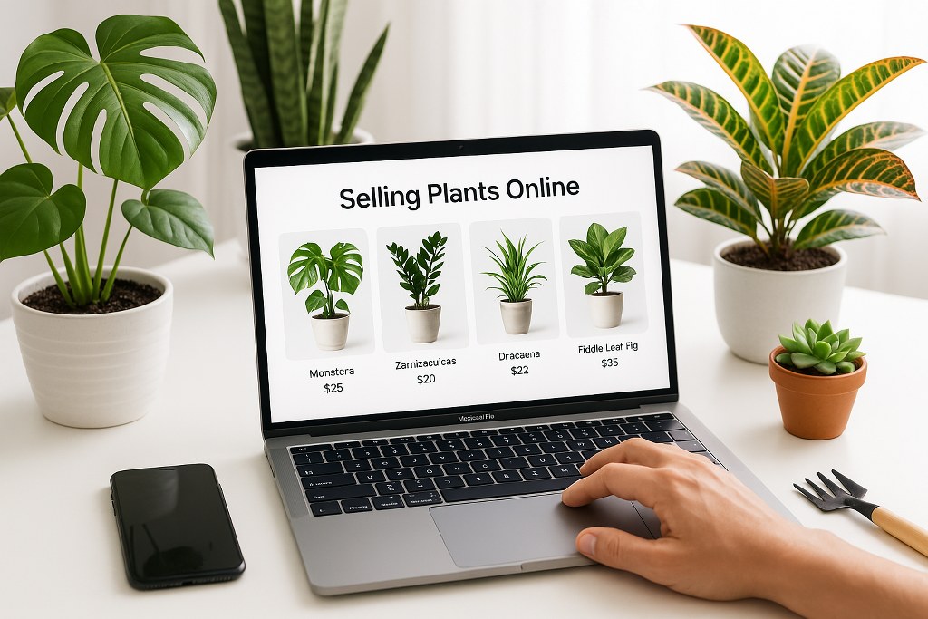 A person scrolling through a website for selling plants.