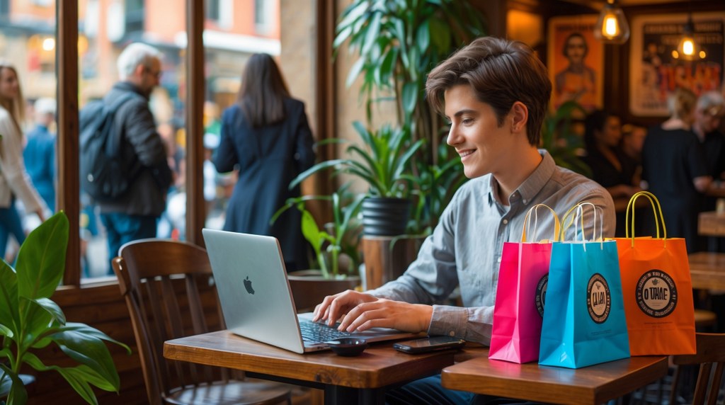 A person sitting at a café using a laptop, with a smartphone and shopping bags beside them, symbolizing mobile and online access.