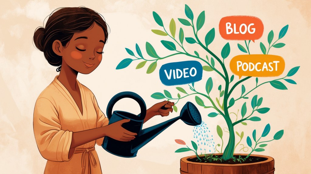 A person watering a plant with the words 