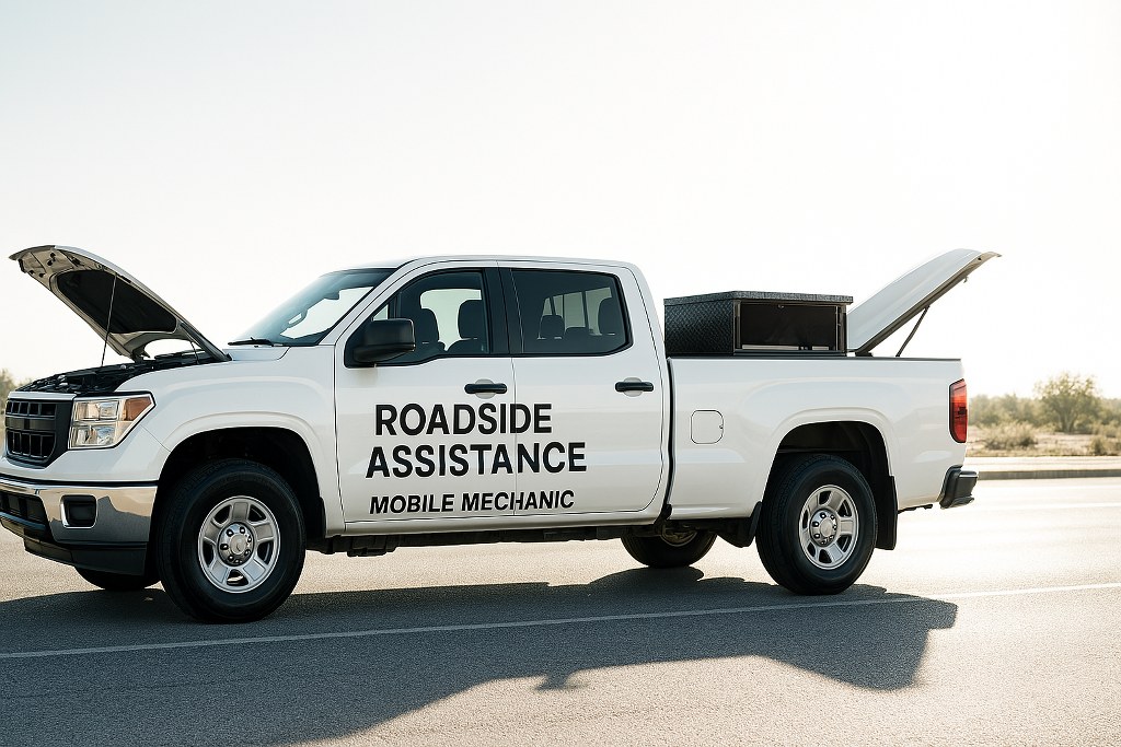A pickup truck offering roadside assistance and mechanical services.