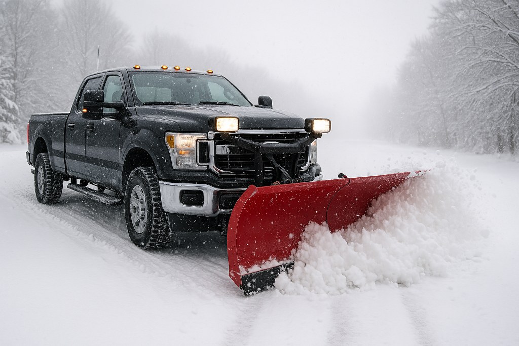 A pickup truck offering snow plowing services.