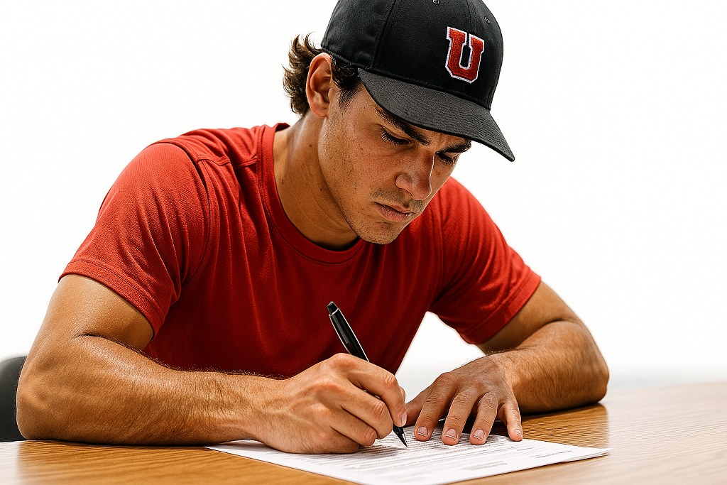 A player signing a deal.