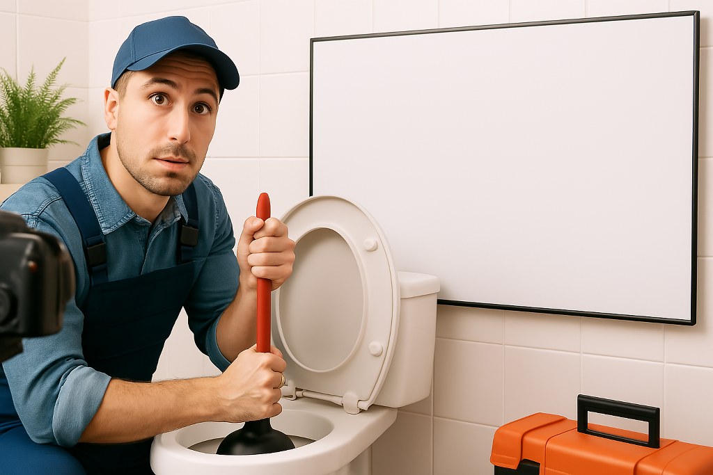 A plumber teaching how to unclog a toilet.