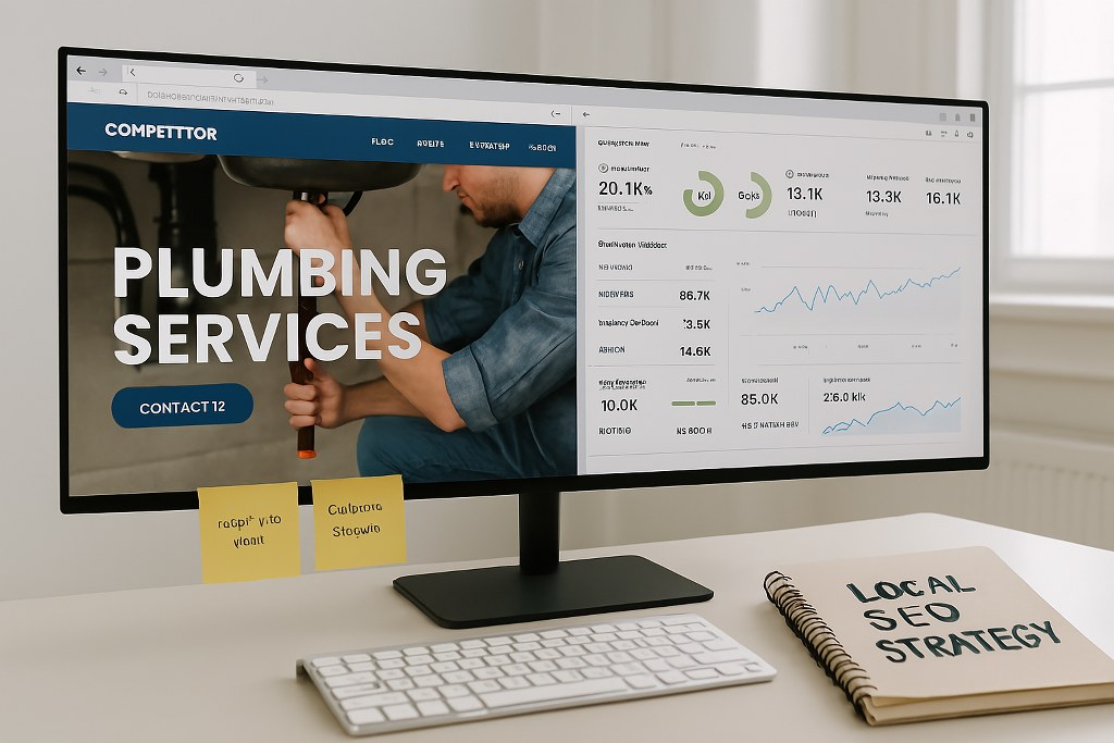 A plumbing website and SEO reseach tool windows opened in a browser.