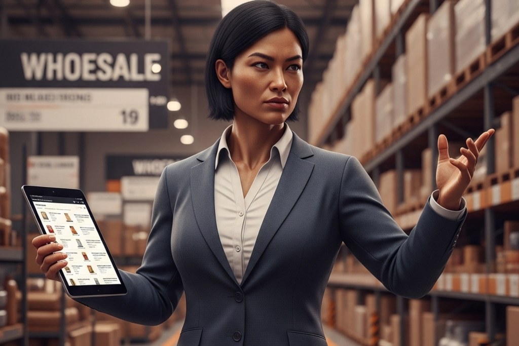 A professional and confident saleswoman in a brightly lit wholesale distribution center.