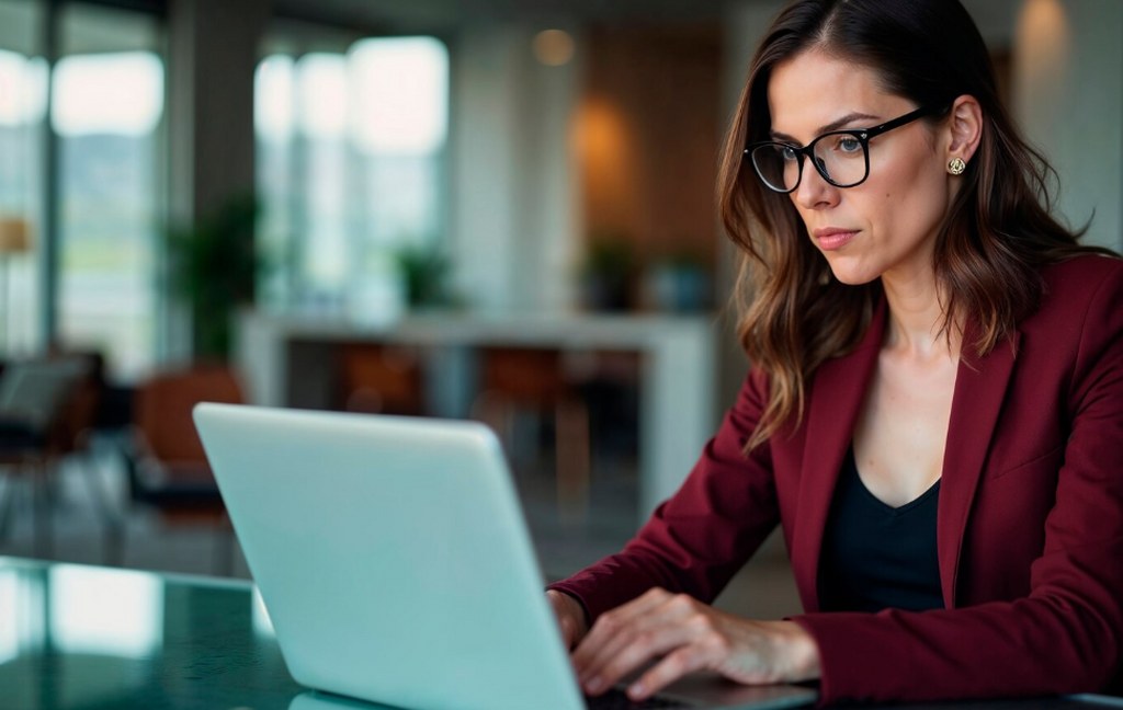 A professional using a laptop in her home office.