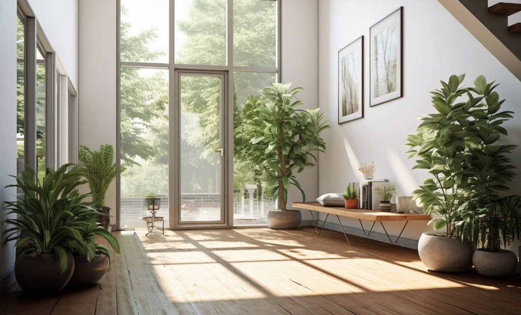 A room with large windows for natural