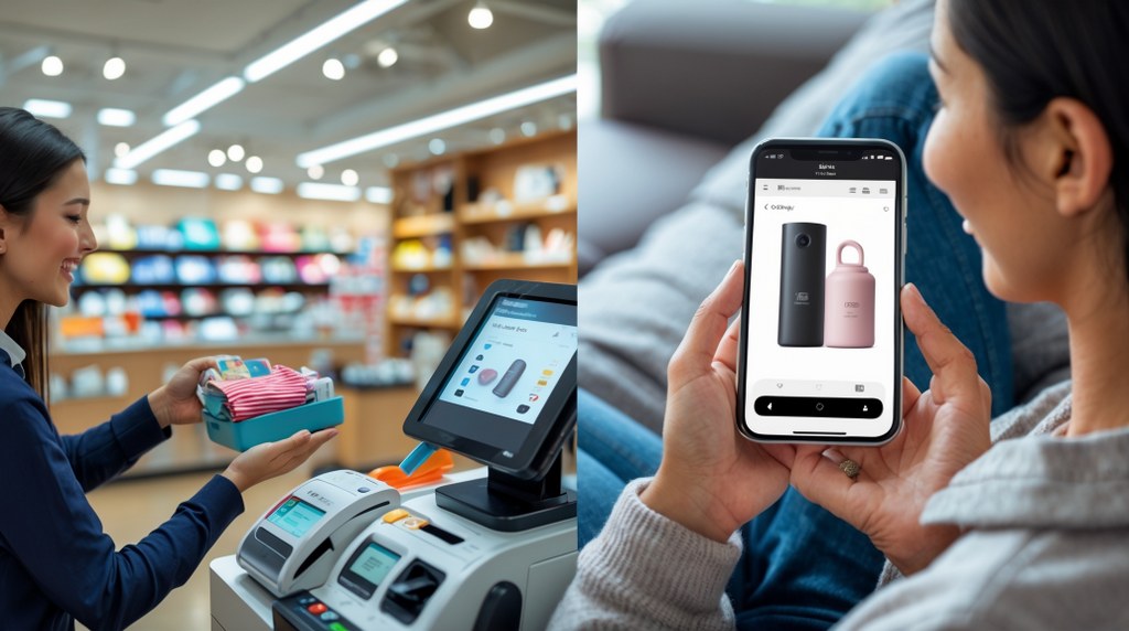 A split view showing one person buying in a physical store and another making a purchase on a smartphone.