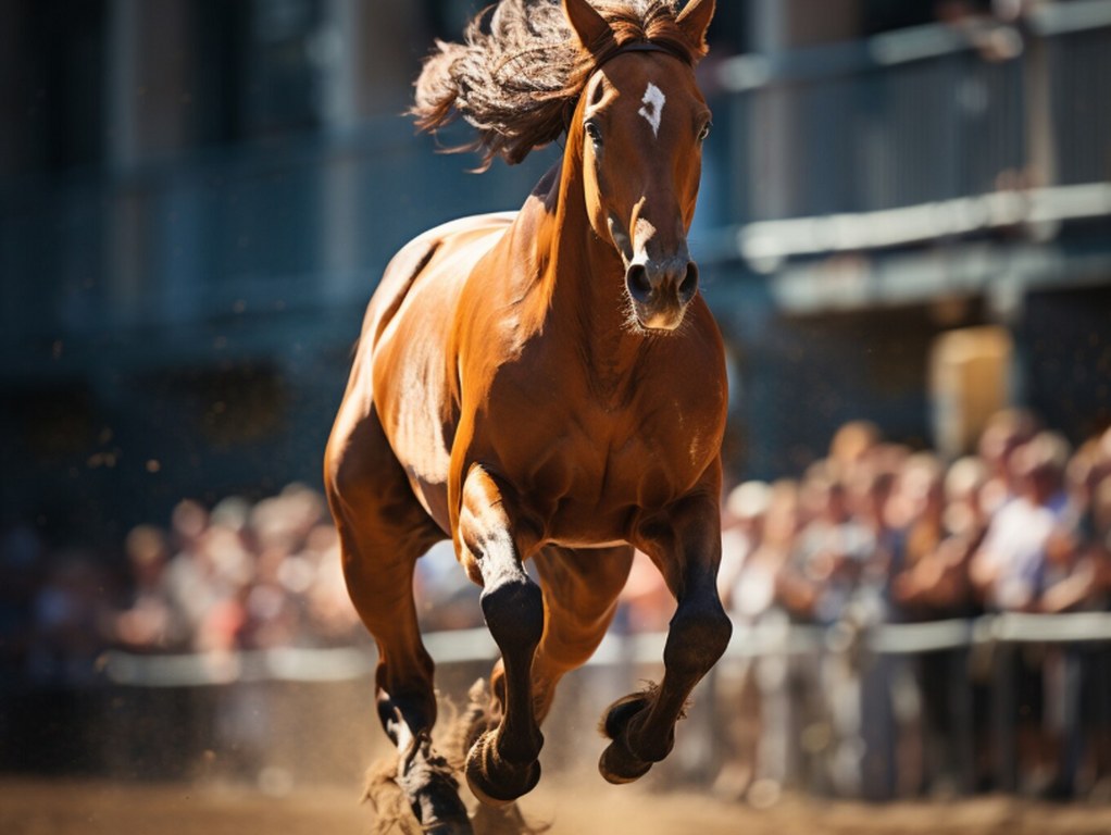 A stallion galloping in a riding arena.