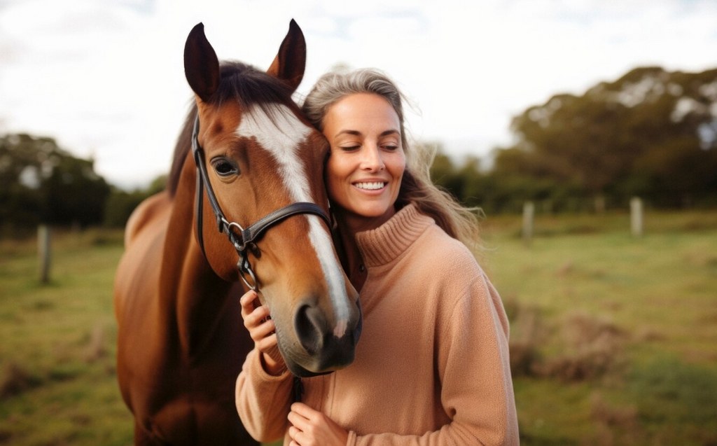 A woman caring for her horse.