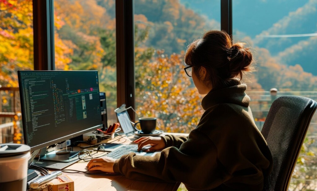 A woman coding.