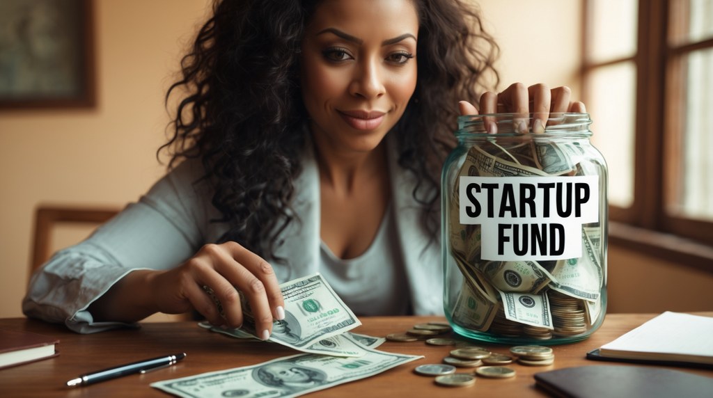 A woman counting cash from a savings jar labeled “Startup Fund.”