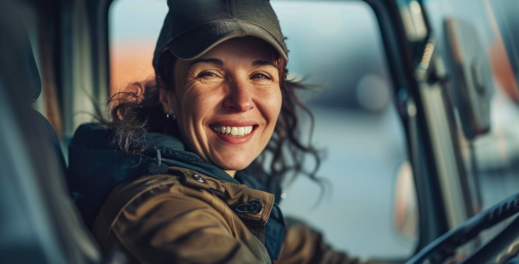 A woman driving a pickup truck.
