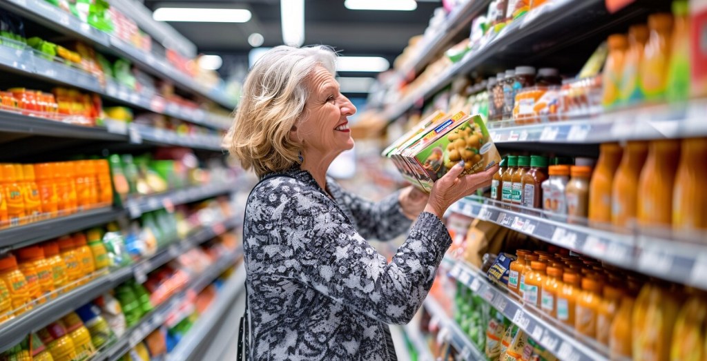 A woman picking items from a supermarket shelf.