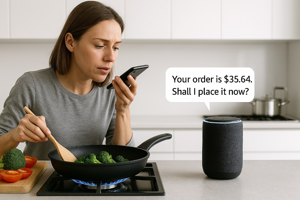 A woman placing an order online using a voice assistant as she cooks.