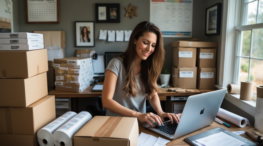 A woman preparing orders in a small home office.